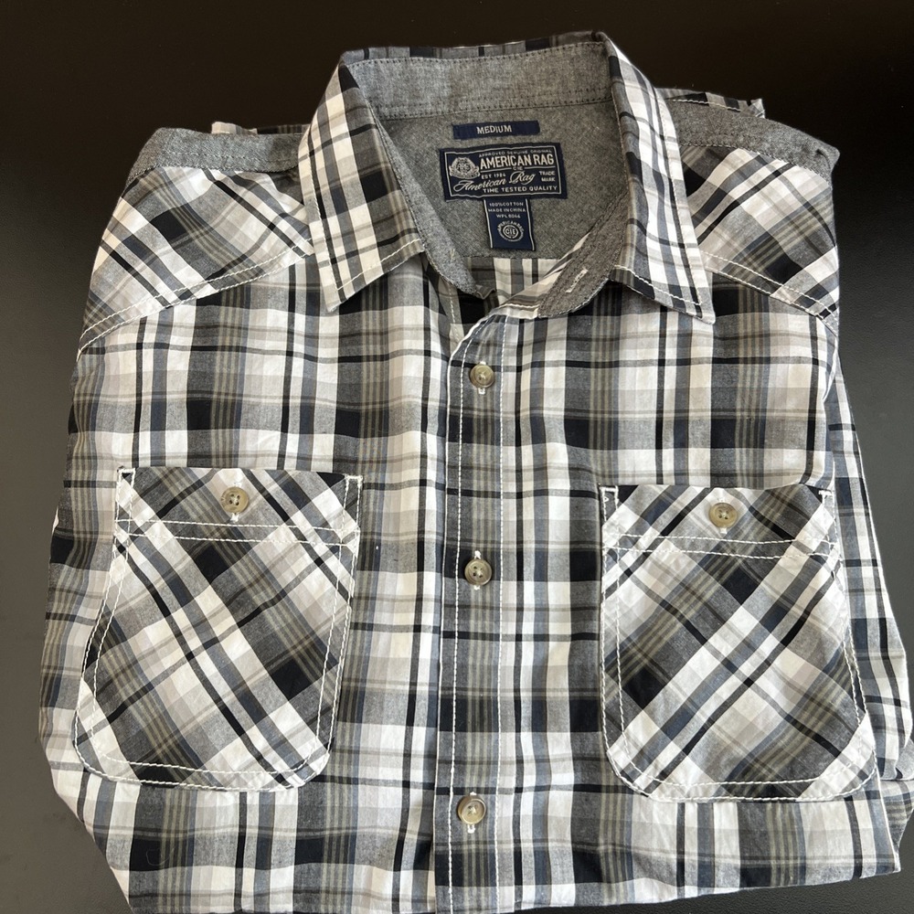 American‎ Rag 100% Cotton Men M Button-Down, Black White Gray Plaid Pockets